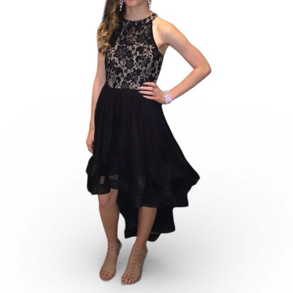 Speechless Junior’s Formal Dress 3 Black Nude Chiffon Hi Low w Lace Overlay Prom